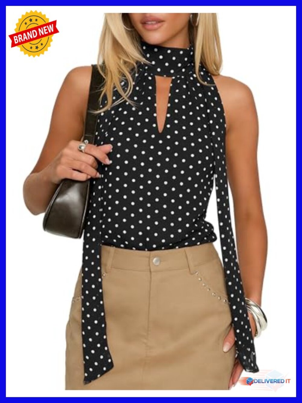 Polka Dot Halter Top with Scarf - Sleeveless Keyhole Tank